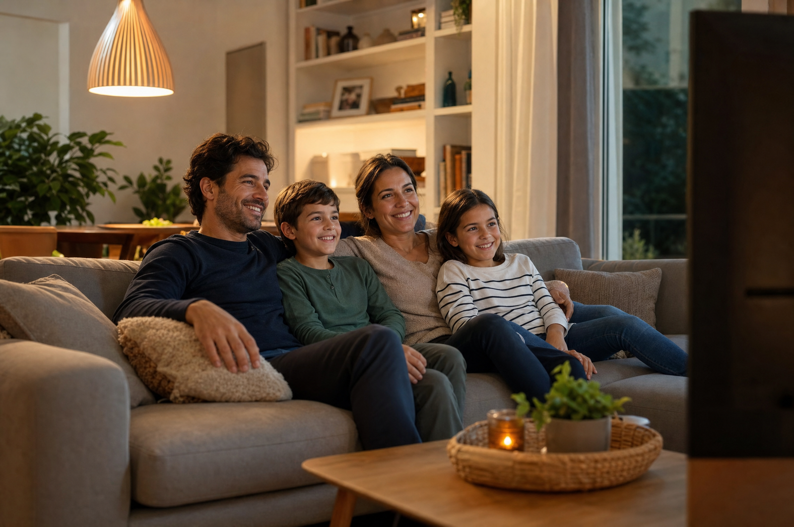 Familia espanola viendo television juntos en el salon de su casa