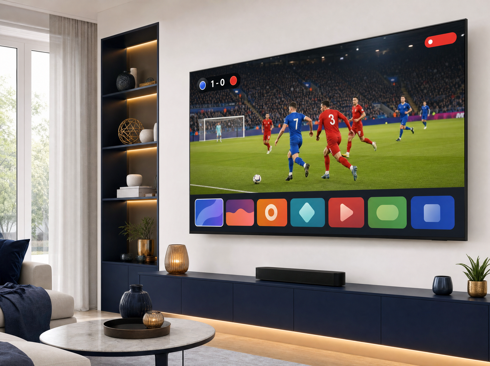Television mostrando la interfaz de IPTV SP con un partido de futbol en directo y una guia de canales